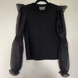 Ruffled black sheer Puff-Sleeve Blouse. Size S. Anthropologie